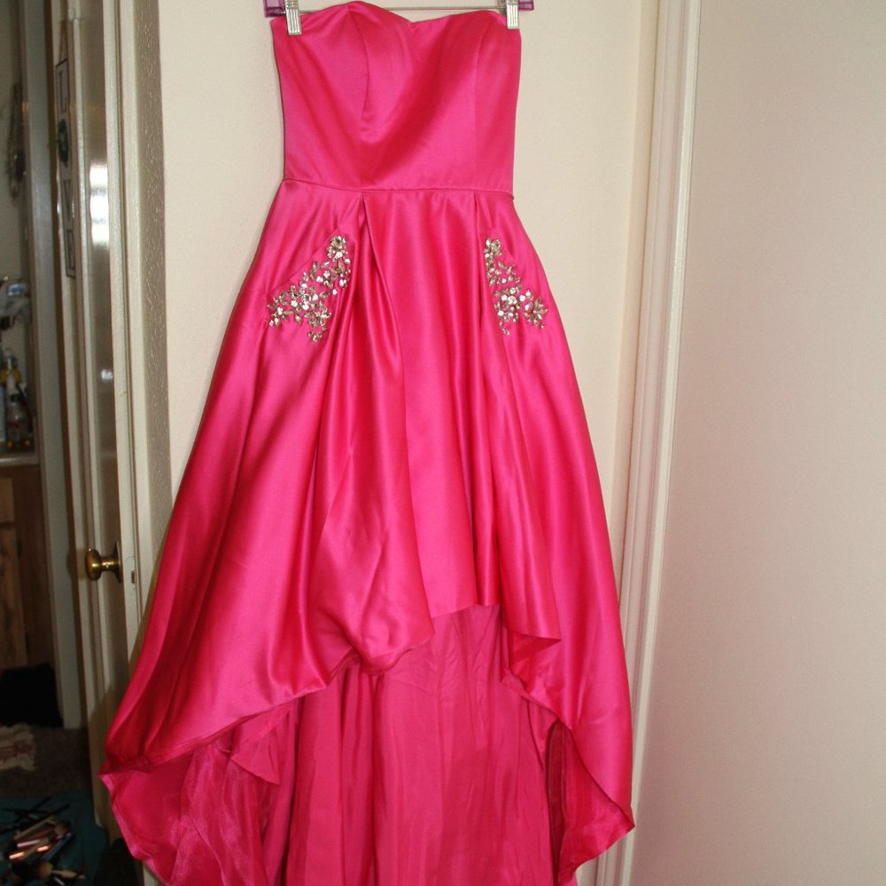 Strapless Hot Pink High-Low Evening Dress with Embellished Pockets